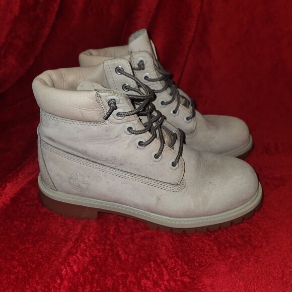 Linden Woods Timberland Premium 6 Waterproof Boots Ivory Gray Nubuck Boys Size 5 - Picture 1 of 8